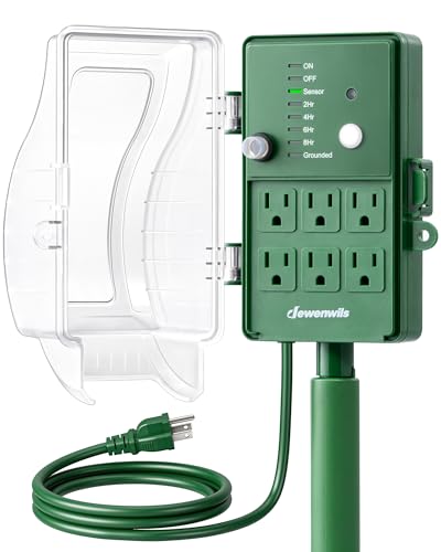 DEWENWILS Outdoor Power Stake Timer, Waterproof Dusk to Dawn Timer with 6 Grounded Outlets, 6FT Extension Cord, 1800W/15A Heavy Duty Outlet for Lights, Yard, Garden, ETL Listed - color: Blue-Dusk to Dawn Timer