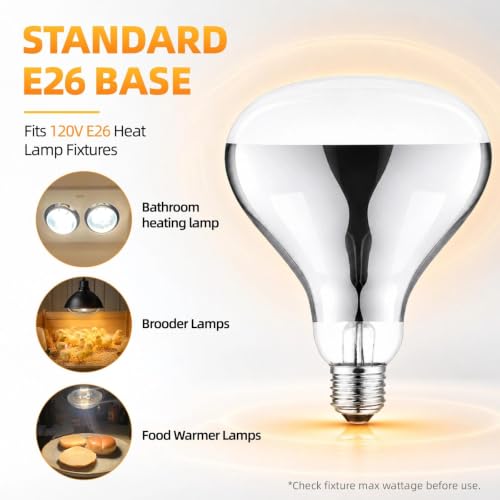 250W Clear Heat Lamp Bulbs, 8000 Hours Rated, R40 Bathroom Shower Incandescent Light Bulb, Infrared Heating for Chickens, Reptiles, Pets, Food, E26 Base, 8 Pack - color: White, size: 8 Pack