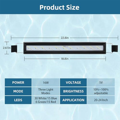 DaToo LED Aquarium Light Full Spectrum Fish Tank Light with Dimmer White Blue Red Green LEDs Fish Tank Light with Three Lighting Modes and Extendable Bracket for 20 Inch to 24 Inch Aquarium - size: 20~24 Inch