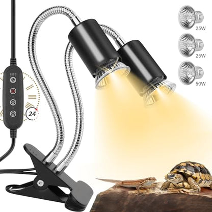 Reptile Heat Lamp, Dual-Head UVA UVB Reptile Light, Heating Lamp with Cycle Timer, Heat Lamp for Reptiles Bearded Dragon Turtle Crab Snake Lizard, Separate Control, 3 Basking Bulbs Light - color: Dual-head Lamp With Timer & 3 Bulbs