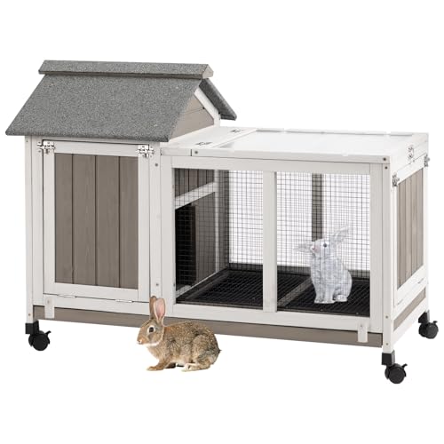 Gowoodhut 38.19"L Rabbit Hutch Indoor and Outdoor with 4 Wheels,Wooden Rabbit Cage with Pull Out Leak-Proof Tray for 1-2 Rabbits,Bunny Hutch with Asphalt Roof Suitable for Garden,Park,Living Room,Grey - size: PET30