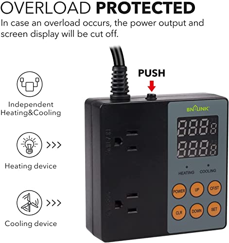 BN-LINK Digital Temperature Controller Heating Cooling 2-Stage Outlet Thermostat Controller Plug for Reptiles Aquarium Carboy Homebrew Breeding Fermenter Seed Germination °C/°F -40-176°F 15A/1875W - style: T9