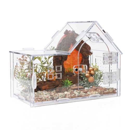 Acrylic Jumping Spider Enclosure House-Shaped Terrarium | Clear 360° view tank, magnetic door & top feeding port, 1mm vents, for mantis, tarantula, gecko & small insects - color: Transparency