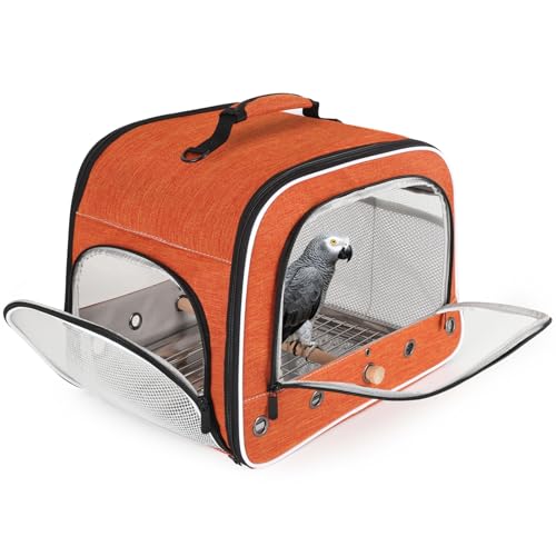 halinfer Large Bird Carrier Cage, Portable Bird Carrying Bag with Metal Tray and Grate to Transport Medium and Large Birds Like African Grey, Long Tail Cockatiel and Parrot - color: Orange
