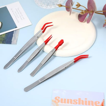 Elegaperma 4pcs Jewelry Tweezers with Rubber Tips Set, Rubber Tipped Tweezers, Craft Tweezer for Stamps Beads Jewelry Tools, Red