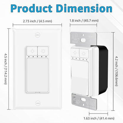 Single Pole Dimmer Light Switch, Neutral Wire Required, Work with LED/CFL (150W Max) & Halogen/Incandescent (600W Max), Rocker Dimmer Switch,5 Brightness Levels, ETL/FCC Certified, 2-Pack - color: Single-Pole Push Dimmer
