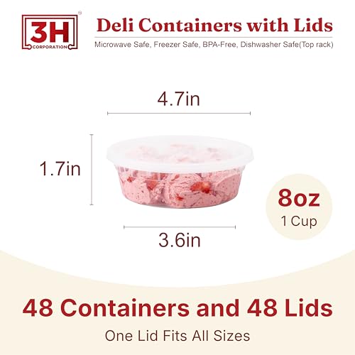 8 oz plastic containers with lids(48Set/96Pcs) BPA-Free Plastic Soup Containers with lids, Freezer Microwave Safe Small Cups for Portion Condiment Dipping Sauce, Salad Dressing - size: 8 oz - 48 Sets