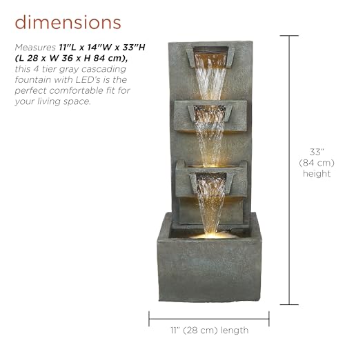 Alpine Corporation TZL406 33" 3 Tier Basin Cascading Fountain with LED Lights, Outdoor Water Feature for Garden, Patio, Backyard & Home Decor, Elegant Waterfall Design, Gray - style: 33"H - Gray 4-Tier w/ LEDs