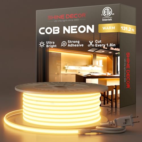 Shine Decor COB LED Rope Light AC 120V, 800lm Ultra Bright, IP65 Waterproof Cold-Resistant ETL Neon Strip, No Driver Tape Lighting for Home Commercial 10x4.5mm, 2800K Warm White, 131.2ft - color: 2800K Warm White, size: 131.2 ft