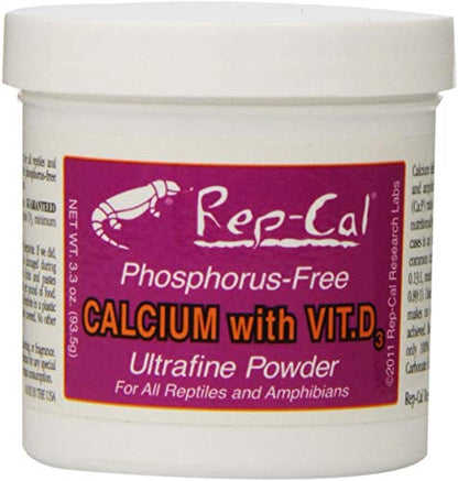 Rep-Cal Phosphorus Free Calcium with Vitamin D3 - Ultrafine Powder 3.3 oz - Pack of 12