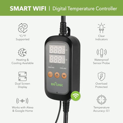 BN-LINK Smart WiFi Digital Temperature Controller Heating Cooling, Works with Alexa and Google Home. For Reptiles Aquarium Carboy Homebrew Breeding Fermenter Seed Germination °C/°F -40-176°F 15A/1875W - style: T10 WIFI
