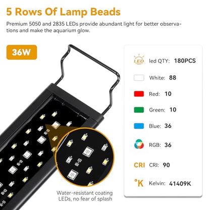 hygger 36W LED Aquarium Light, 36-42 Inch Fish Tank Light with Timer Auto On/Off, Sunrise Sunset Mode, Adjustable Brightness and Colors, Full Spectrum Light with Extendable Brackets for Freshwater - size: 36"- 42" (36W)