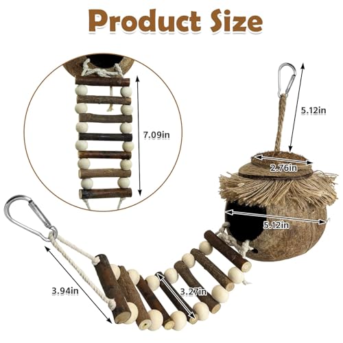 PINVNBY Hanging Coconut Bird Nest Hut with Ladder, Natural Coconut Hide Lovebird House Fruit Wood Bird Swing for Parakeet Cockatiel Budgie Conure Canary Finch Budgies
