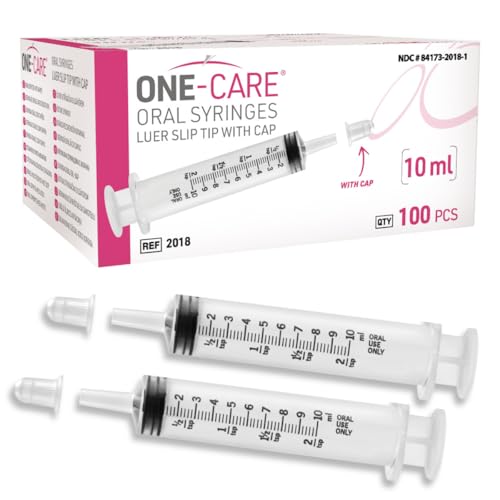Pack of 100, ONE-CARE 10ml Oral Syringe with Cap, Latex-free, 100 Oral Dispensers - 10ml, Prolonged Slip Tip, Uses include oral administration of medicine for infants, adults and animals - size: 10 ml Black Scale