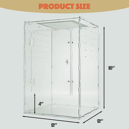 12x12x18 Reptile Tank 10 Gallon – Acrylic Reptile Enclosure Terrarium for Crested Gecko, Lizards, Spiders & Snakes – Clear Lizard Habitat Terrarium - size: 12"12"18"