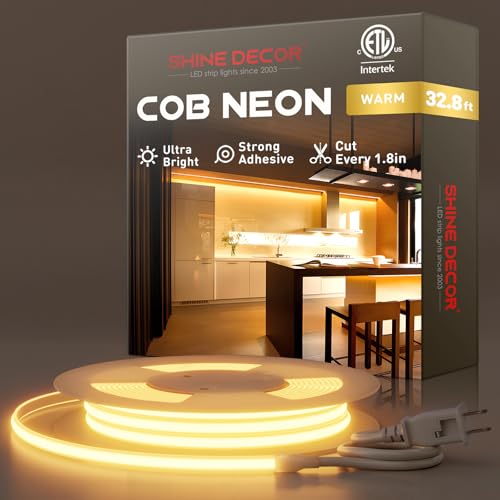 Shine Decor COB LED Rope Light AC 120V, 800lm Ultra Bright, IP65 Waterproof Cold-Resistant ETL Neon Strip, No Driver Tape Lighting for Home Commercial 10x4.5mm, 2800K Warm White, 32.8ft - color: 2800K Warm White, size: 32.8 ft