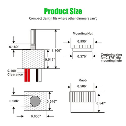 12V DC Dimmer Switch, 5-24 Volts Dimmer Switch PWM Waterproof for LED RV Lights Interior, Ceiling Lights, Halogen, Incandescent, Auto, Truck, Marine, Strip Lighting - Long Shaft
