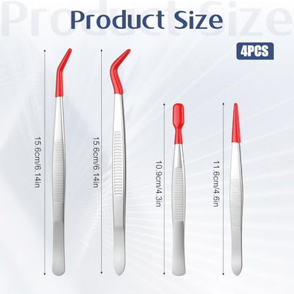 4 Pcs Tweezers with Rubber PVC Coated Set Precision Tweezers Straight Tip Rubber Flat Tip Long Bent Tweezer for Crafting, Jewelry, Electronics, and Lab Work