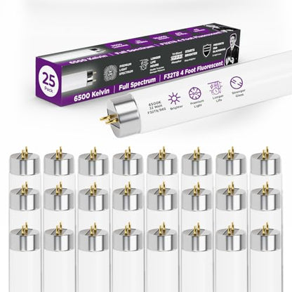 GoodBulb 32W 48 Inch T8 Fluorescent Light Bulb, 6500K Full Spectrum Medium Bi-Pin Base, 3050 Lumens 86 CRI 24000 Life Hours, Instant/Programmed Start (Pack of 25) - color: 6500k