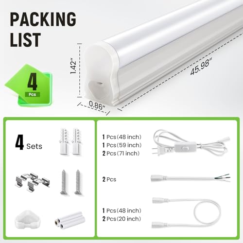 Pak 4FT LED Shop Lights, 2300LM 6500K Cool White, 20W Energy Efficient Linkable Ceiling and Under Cabinet Lighting, T5 Integrated Utility Fixture for Garage, Workshop, Basement, FCC Certified, 4 Pack - size: 4FT 6500K-4 Pack