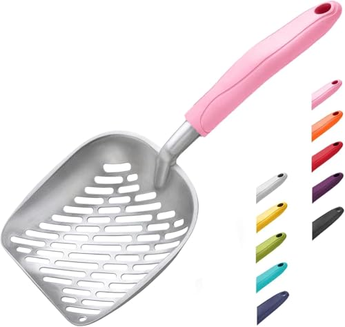 WePet Cat Litter Scoop, Aluminum Alloy Sifter, Kitty Metal Scooper, Deep Shovel with Diagonal Sifting Hole, Long Handle, Kitten Poop Lifter for Litter Box, Medium Size, Pink Handle - color: #10 Pink, size: Medium