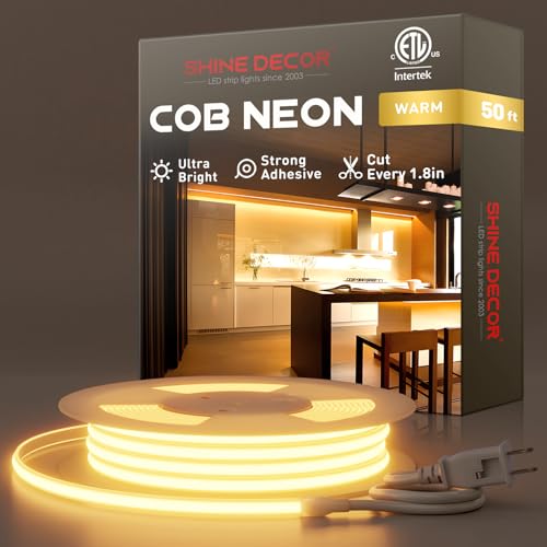 Shine Decor COB LED Rope Light AC 120V, 800lm Ultra Bright, IP65 Waterproof Cold-Resistant ETL Neon Strip, No Driver Tape Lighting for Home Commercial 10x4.5mm, 2800K Warm White, 50ft - color: 2800K Warm White, size: 50 ft