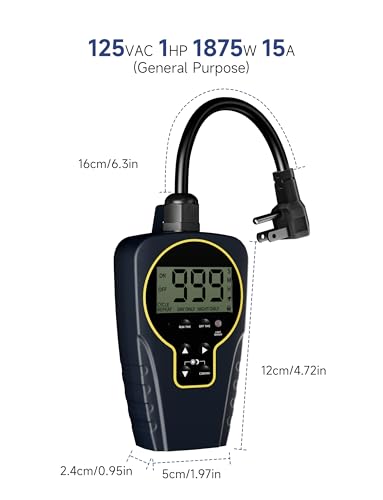 Techbee 1 s to 999 h Short/Long On-Off Interval Repeat Cycle Timer Plug Outlet with Countdown and Light Sensor, Waterproof for Outdoor (15A 1HP)