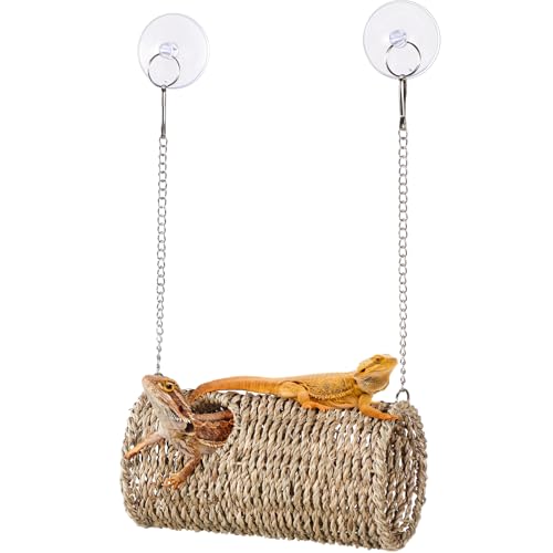 CroBlissful Reptile Hide Cave Hollow Cave Hideout with 2 Pcs Suction Cup and Chain Gecko Hide Reptile Tank Decor Seagrass Fiber Climbing Toy for Lizard Snake Hermit Crab(Long Cylindrical,Pale Yellow) - color: Pale Yellow, style: Long Cylindrical