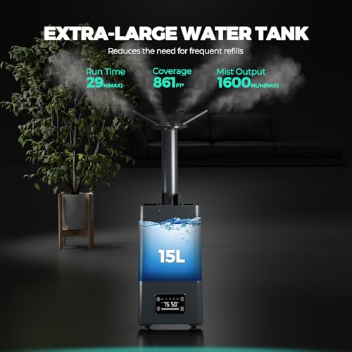 MARS HYDRO Plant Humidifier 15L,with Adjustable Humidity,Timer Function,Ultrasonic Precise and Silent Operation,No-Leak Seal for Grow Tent,Indoor Planting,Greenhouse,Bedroom - size: 15L