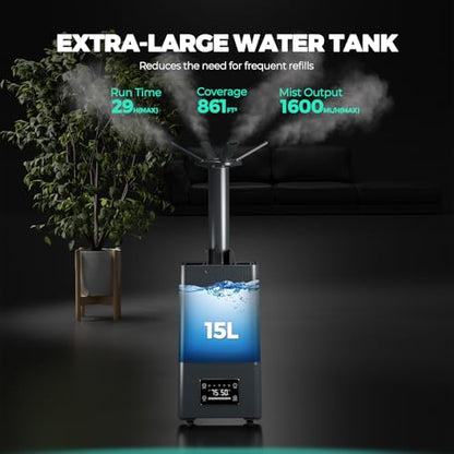 MARS HYDRO Plant Humidifier 15L,with Adjustable Humidity,Timer Function,Ultrasonic Precise and Silent Operation,No-Leak Seal for Grow Tent,Indoor Planting,Greenhouse,Bedroom - size: 15L