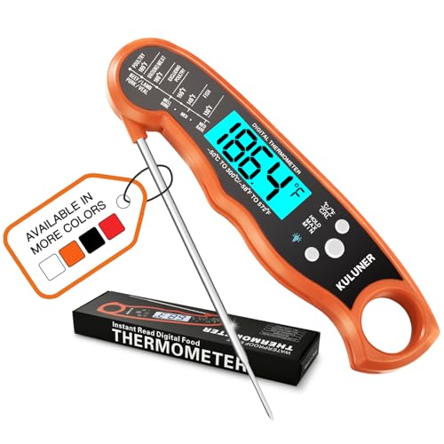 KULUNER Digital Meat Thermometer Instant Read, Orange Waterproof Food Thermometer with 4.6" Folding Probe, Backlight & Calibration, 2-3s Fast Reading for Kitchen BBQ Grilling Cooking - Orange - color: Orange
