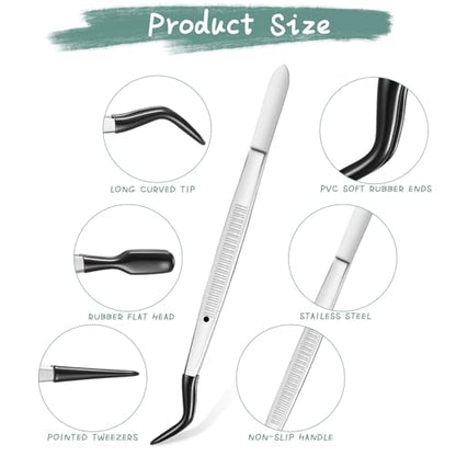 Honoson 3 Pieces Rubber Tipped Tweezers for Crafting Set - PVC Coated Flat, Straight & Bent Tips Stamps, Beads, Jewelry(Black) - color: Black