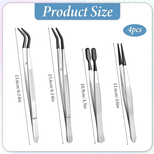 4 Pieces Tweezers with Rubber PVC Coated Set Silicone Tip Tweezers Coated Flat and Bent Forceps for Lab Industrial Crafting, Jewelry, Electronics, and Lab Work