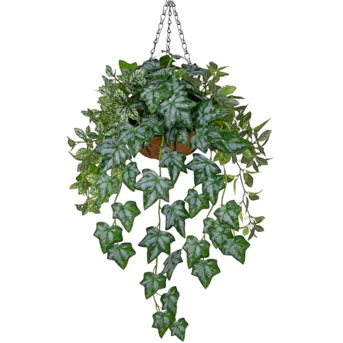 Fake Hanging Plant with Pot, Large Hanging Artificial Plants with Basket & Hanger Faux Greenery Plants Indoor Outdoor Decor Fake Ivy Vine Plant in Pot for Wall Balcony Patio Office Bathroom Shelf - color: Green & White Ivy