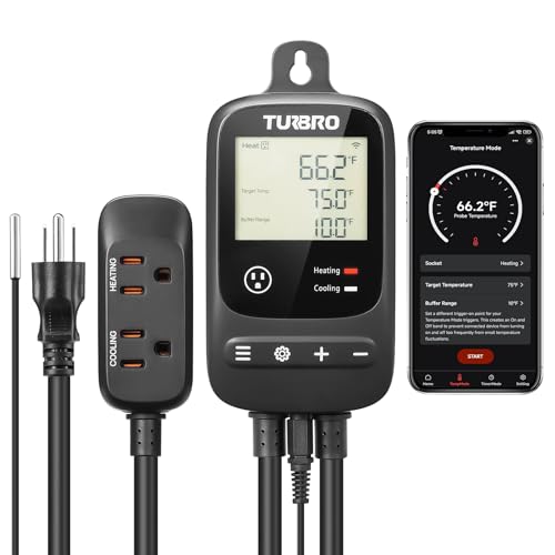 TURBRO Smart Temperature Controller Heating Cooling, WiFi-Enabled Thermostat with Timer and Temperature Monitoring for Home Brewing, Seedling, Greenhouse, and Reptile Terrarium, TC01