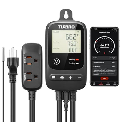 [2 Pack] TURBRO Smart Temperature Controller Heating Cooling, WiFi-Enabled Thermostat with Timer and Temperature Monitoring for Home Brewing, Seedling, Greenhouse, and Reptile Terrarium