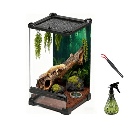 Reptile Tall Glass Terrarium Rainforest Habitat Single Door with Screen Ventilation,Small Reptile Terrarium for Spiders, Tarantulas, Snail, Mantis, Lizard (10 * 10 * 13.8 inch) - size: 10*10*13.8 inch
