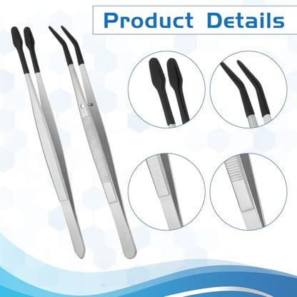 Rubber Tipped Tweezers, 2 Pcs PVC Long Tweezers for Crafts Rubber Tipped Tweezer for Crafts Stamps Coin Beads Jewelry Hobby Tools (Long Bent Tip and Straight Flat Tip)