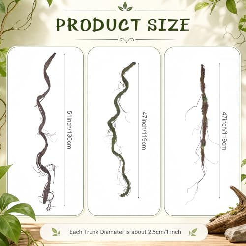 3 Pcs Large Bendable Fake Branch Set 47" Green Dried Rattan 51" Brown Large Tree Branch 47" Mossy Brown Twig Bundle Fake Tree Branches Decor for Home Wedding Jungle Party Greenery Backdrop