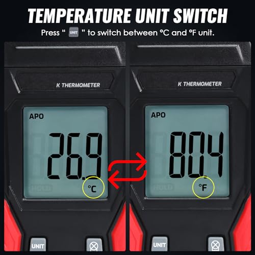 Digital K Type Thermometer with Two Thermocouple Probes, -328°F~2501°F Single Channel Thermocouple Thermometer HVAC Temperature Meter with Backlit LCD Display Max/Min, Data Hold