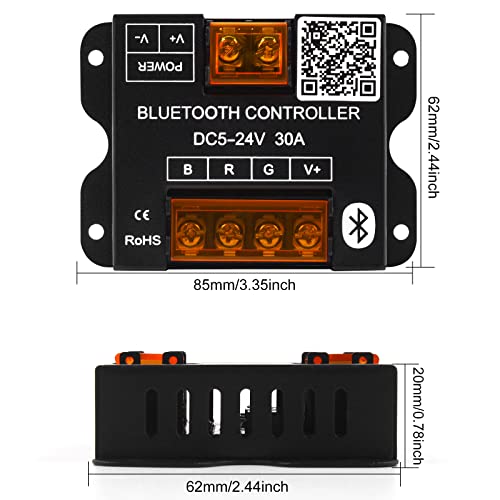 RGBZONE RGB Bluetooth LED Controller, DC5-24V 30A Smart APP Dimmable Strips Light Controller 16 Million Colors Music & Alarm Modes for 5050 3528 LED Strip Lights, Metal Shell - color: RGB