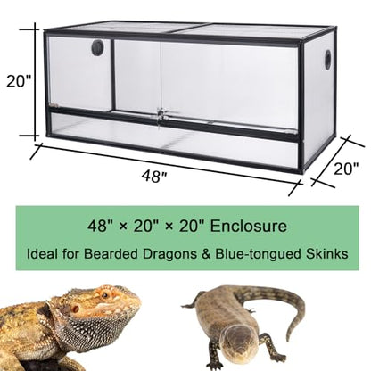 83 Gallon Bearded Dragon Tank 48x20x20in, Insulated Reptile Enclosure with Hollow Sunlight Panels, Aluminum Frame, Locking Sliding Glass Doors & Mesh Screen Top