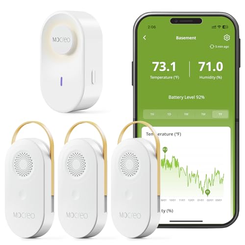 MOCREO WiFi Thermometer Hygrometer, 2000ft Long Range Temperature Humidity Sensor Monitor with Remote App Alerts, Hub with Night Light & 2-Year Data Export, for Home, Greenhouse, Reptile Tank 3 Pack - size: 1 Long Range Hub + 3 Sensors