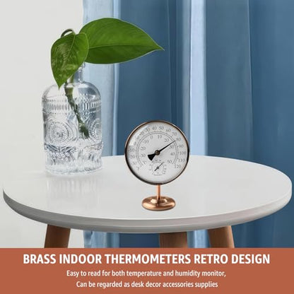 4-Inch Indoor Thermometer and Humidity Gauge, Room Analog Temperature and Humidity Monitor, Dual Scale Display, Brass Dial with Stand, Battery-Free for House, Home, Desk, Bedroom, Garage, RV