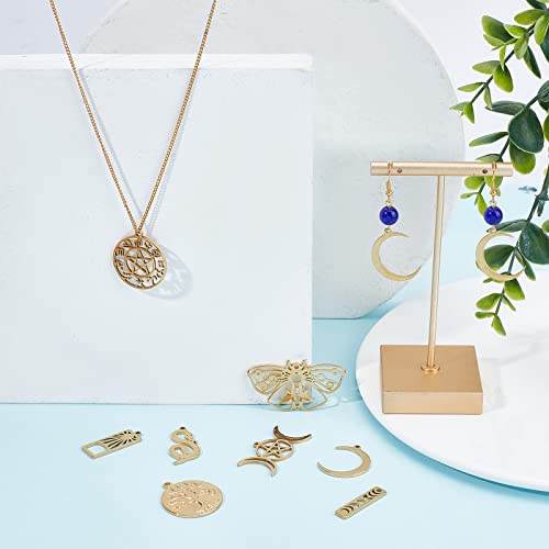 SUNNYCLUE 1 Box 16Pcs 18K Gold Plated Stainess Steel Tarot Style Tree of Life Charms Moon Phase Snake Charm Triple Goddess Moon Ouijas Crescent Hollow Butterfly Charms for Jewelry Making Charm Craft