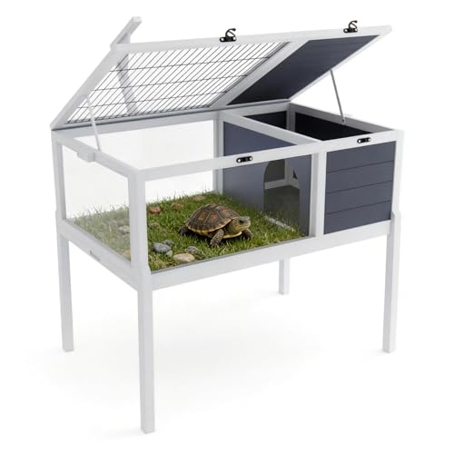 Reptile Habitat Tortoise House with Lamp Holder, Large Observation Window, 2 Waterproof Tray, Detachable Legs, Easy to Clean Wooden Enclosure for Turtles, Lizards, Geckos, and Small Pets Indoor Outdoo