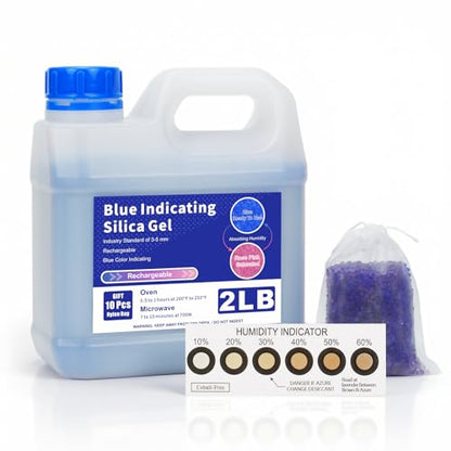 2 Lbs Blue Silica Gel Desiccant Beads, Reusable Indicating Moisture Absorber with 25 Humidity Cards & 10 Mesh Bags for 3D Printer Filament & Electronics