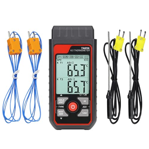 Thermocouple Thermometer, Dual-Channel K/J Type Thermometer (-328°F ~ 2501°F) with 4 Thermocouples Probes, Digital HVAC Temperature Meter with Data Hold, LED Backlight & ADJ Compensation - color: Multicolored