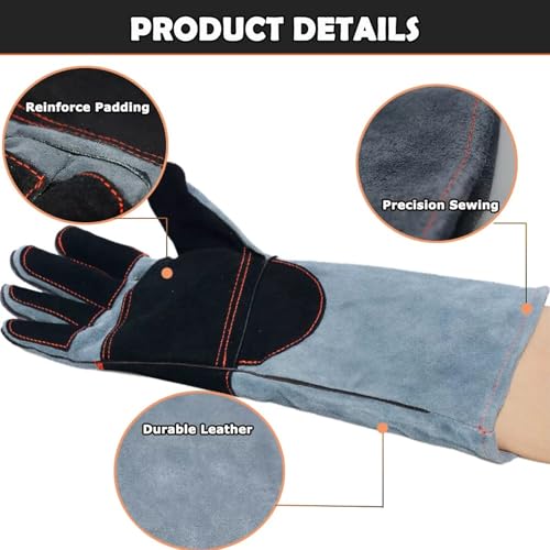 Animal Handling Gloves - 16in, Snake Bite Proof Sleeve with Double Leather Reinforced Padding, Scratch & Bite Resistance Hand Protection Cover for Falconry, Reptile Grabbing, Welding