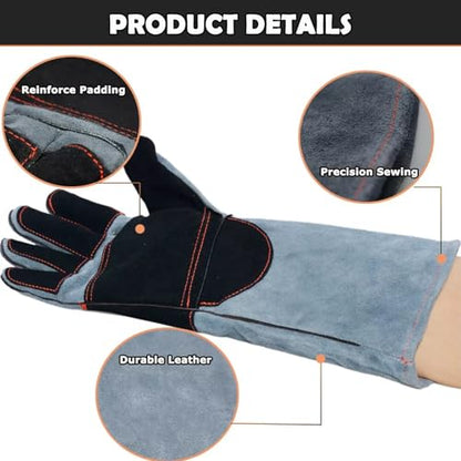 Animal Handling Gloves - 16in, Snake Bite Proof Sleeve with Double Leather Reinforced Padding, Scratch & Bite Resistance Hand Protection Cover for Falconry, Reptile Grabbing, Welding